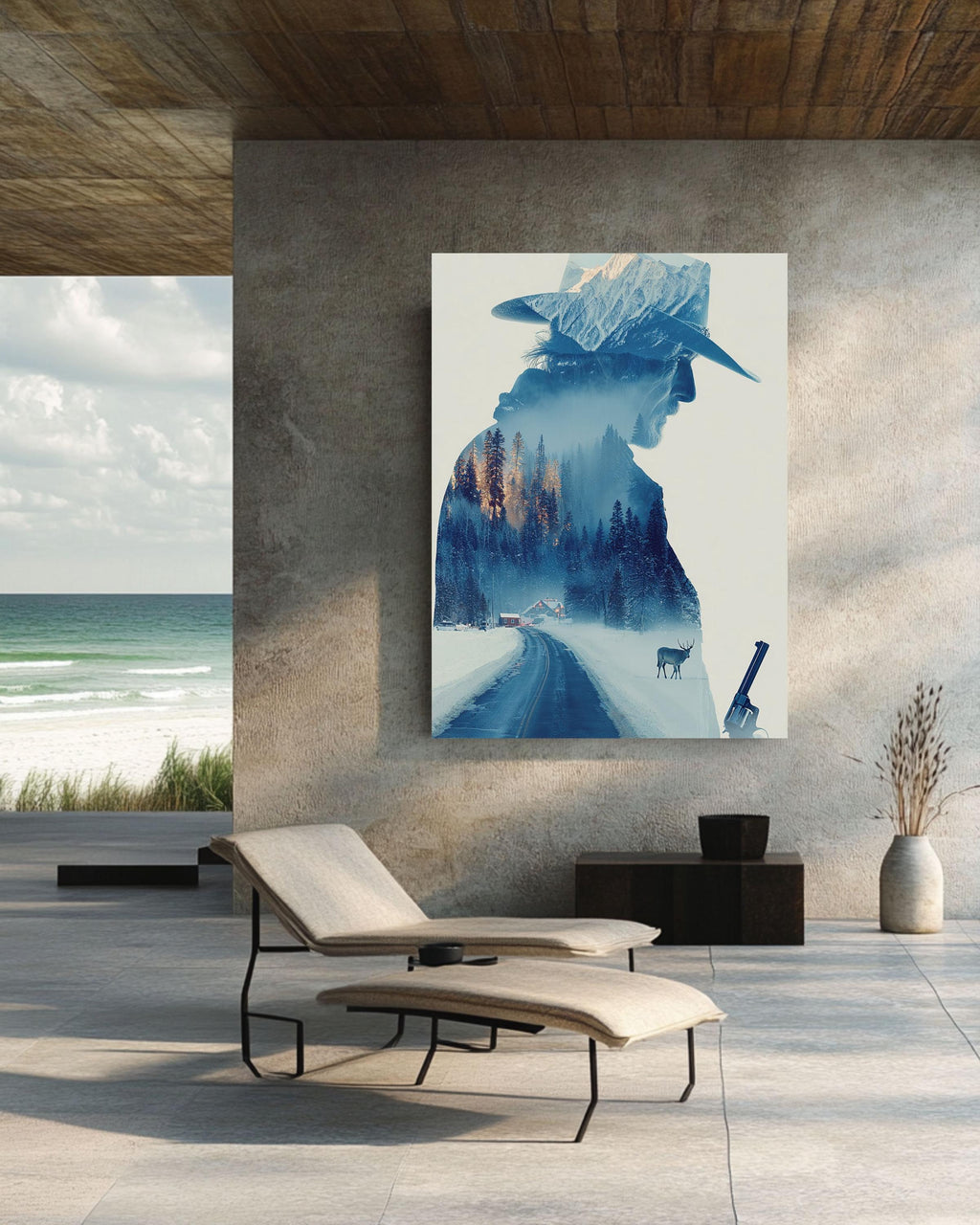 Western Cowboy Snowy Mountain Canvas Print, Double Exposure Photography