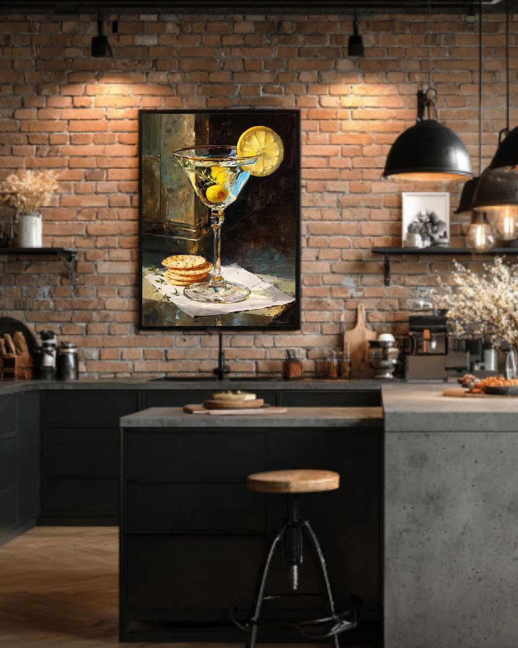 Martini Glass Oil Painting Print: Lemon & Olive Canvas Bar Cart Art