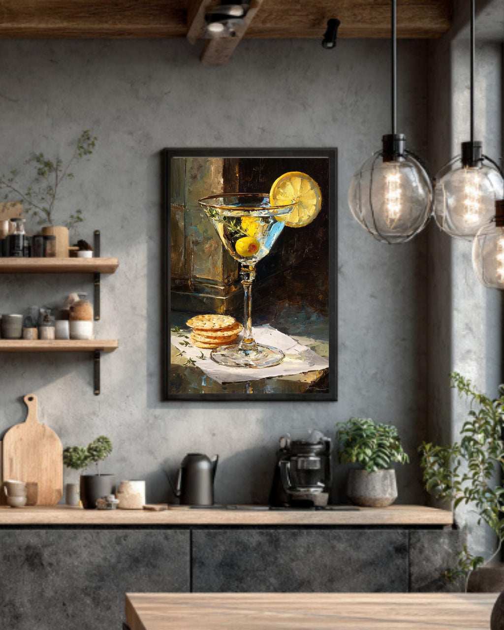 Martini Glass Oil Painting Print: Lemon & Olive Canvas Bar Cart Art
