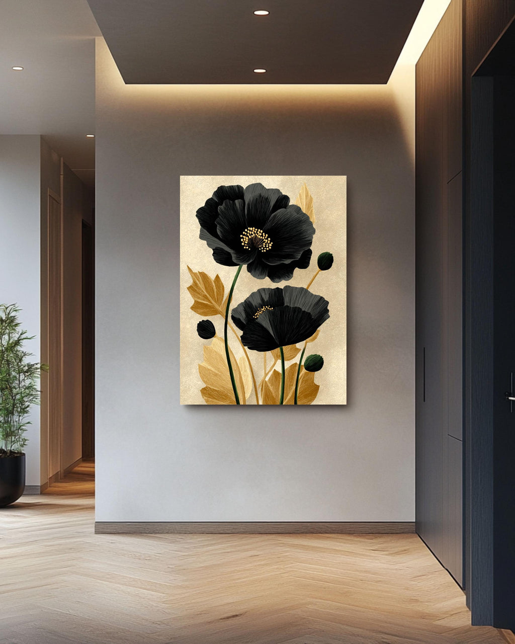 Black Poppy Flower Canvas Print: Minimalist Gold Botanical Wall Art