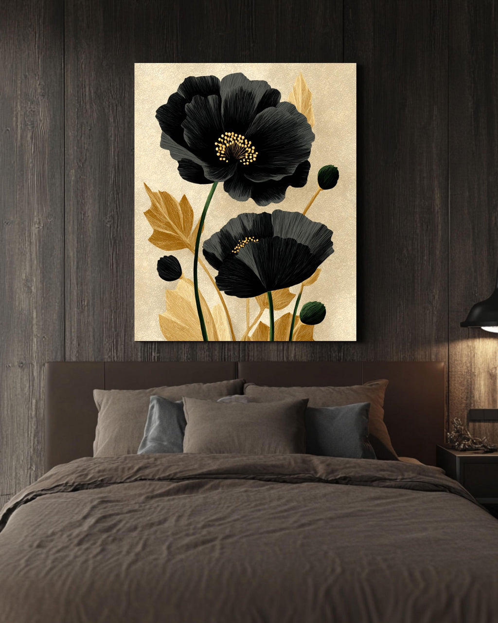 Black Poppy Flower Canvas Print: Minimalist Gold Botanical Wall Art