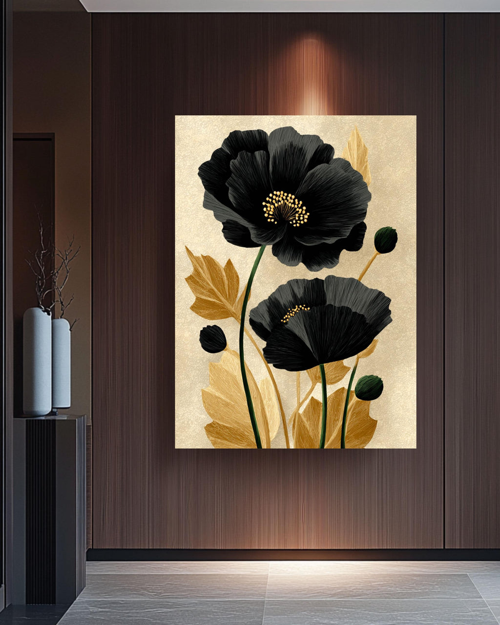 Black Poppy Flower Canvas Print: Minimalist Gold Botanical Wall Art
