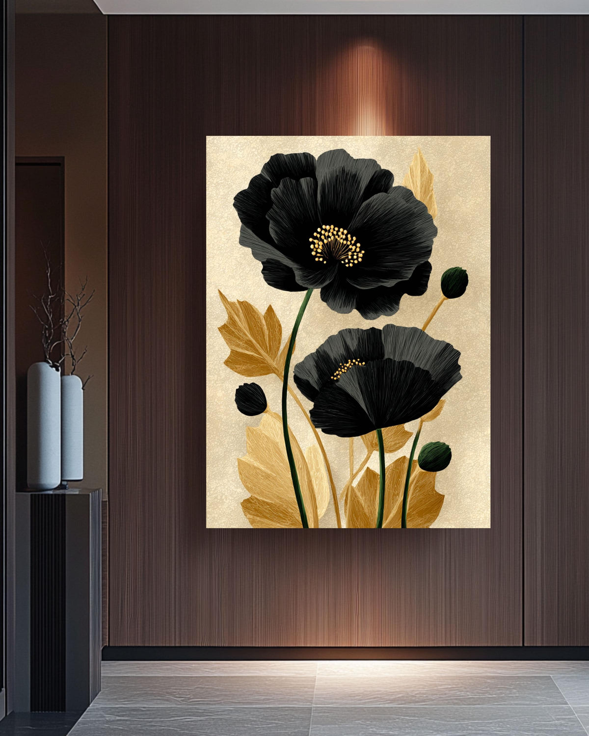 Black Poppy Flower Canvas Print: Minimalist Gold Botanical Wall Art