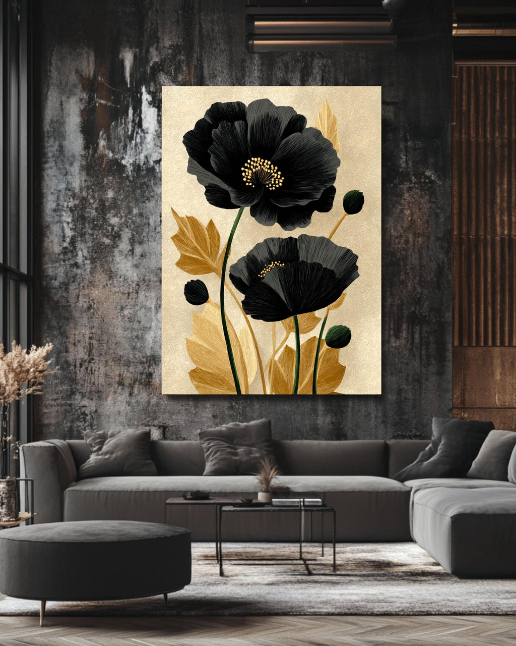 Black Poppy Flower Canvas Print: Minimalist Gold Botanical Wall Art