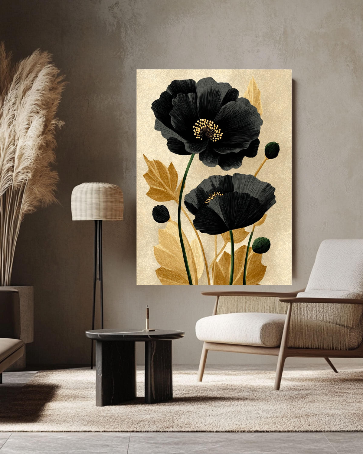 Black Poppy Flower Canvas Print: Minimalist Gold Botanical Wall Art