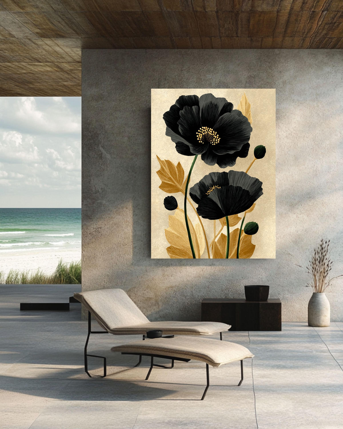 Black Poppy Flower Canvas Print: Minimalist Gold Botanical Wall Art