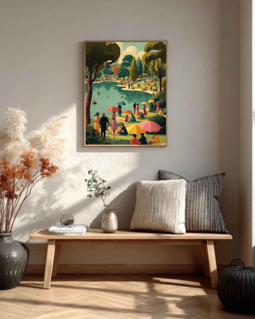 Vintage Summer Picnic Canvas Print, Retro Mid-Century Lakeside Art