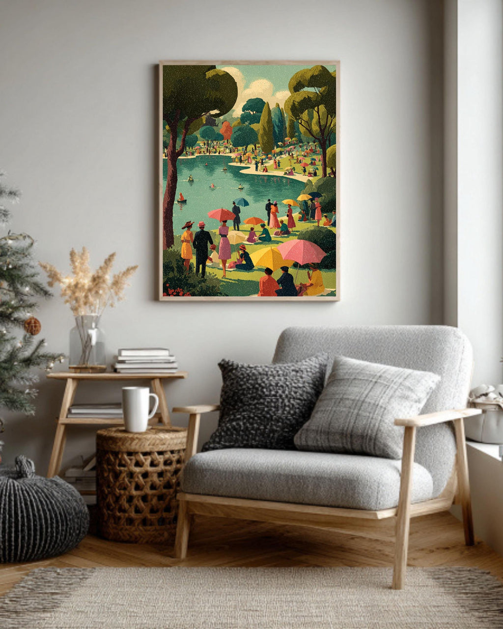 Vintage Summer Picnic Canvas Print, Retro Mid-Century Lakeside Art
