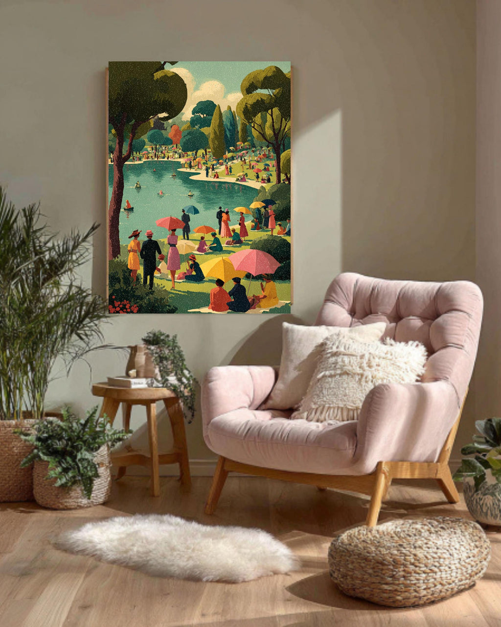 Vintage Summer Picnic Canvas Print, Retro Mid-Century Lakeside Art