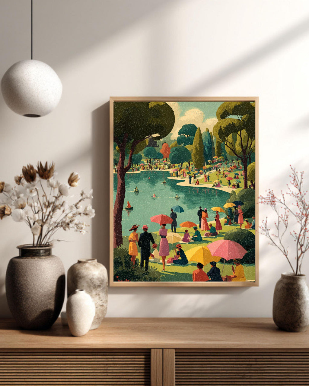 Vintage Summer Picnic Canvas Print, Retro Mid-Century Lakeside Art