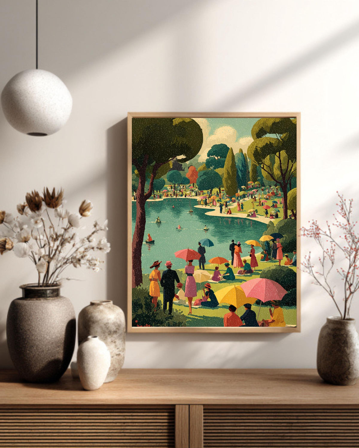 Vintage Summer Picnic Canvas Print, Retro Mid-Century Lakeside Art