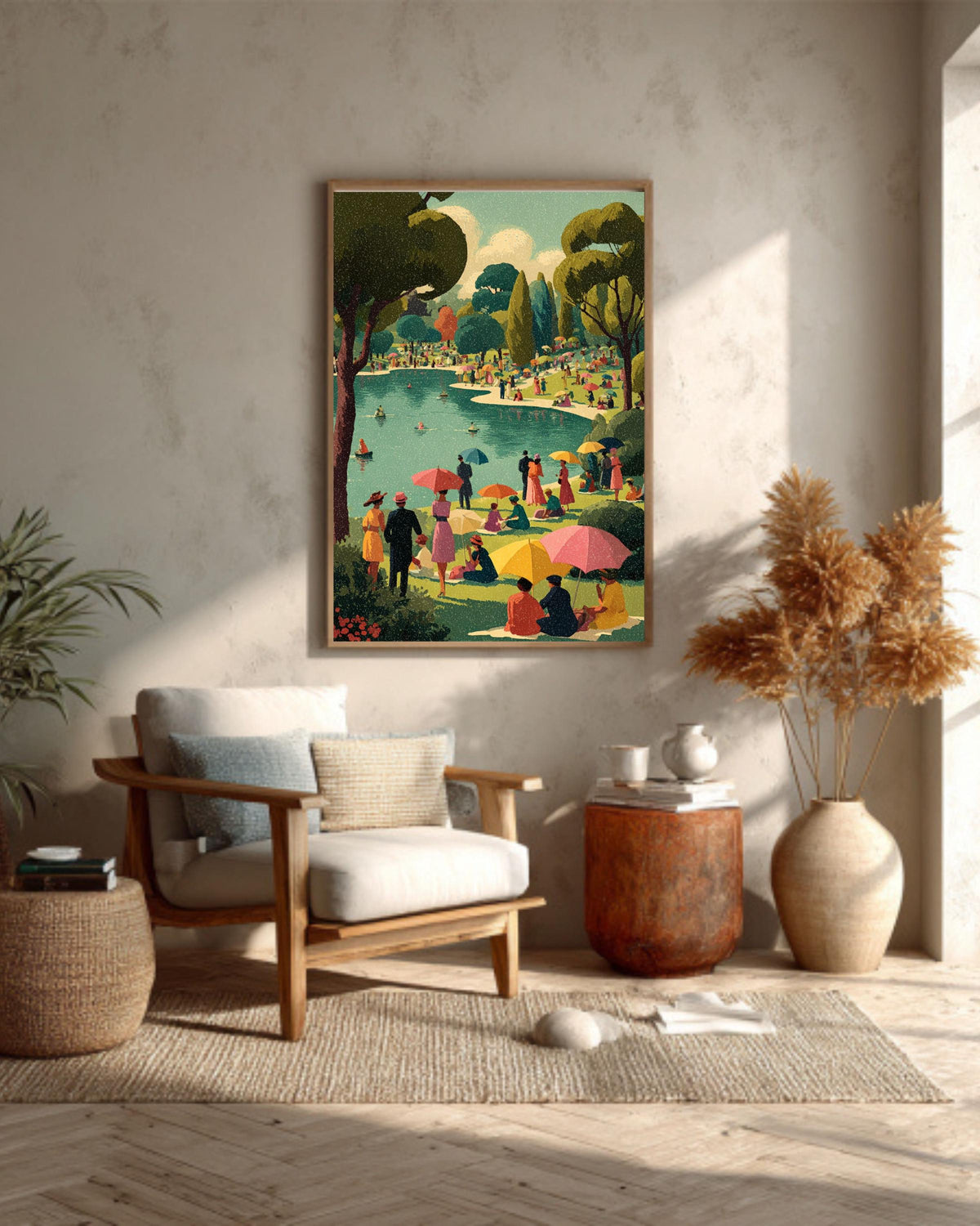 Vintage Summer Picnic Canvas Print, Retro Mid-Century Lakeside Art