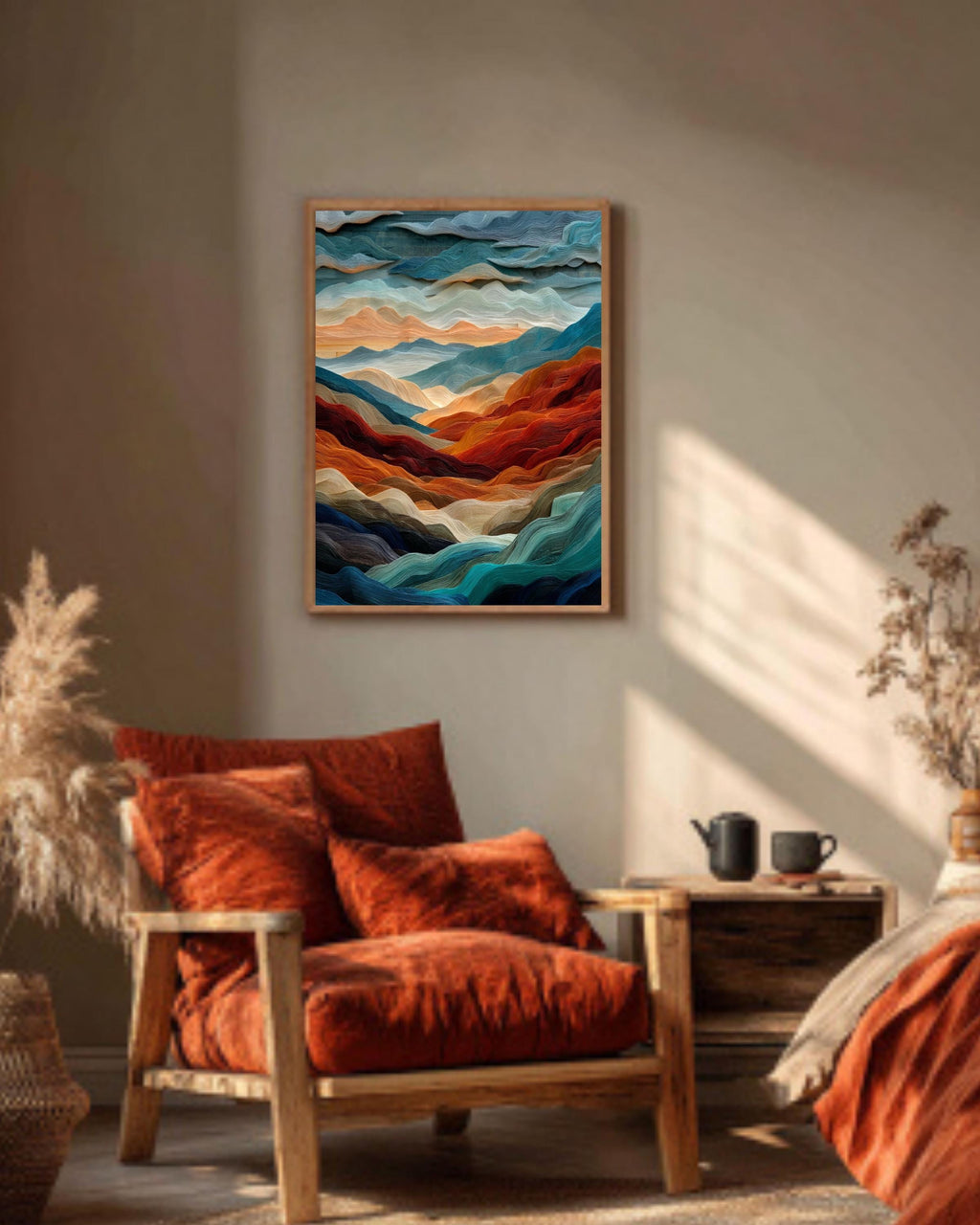 Abstract Mountain Canvas: Layered Wave Texture, Earth Tones Art Print