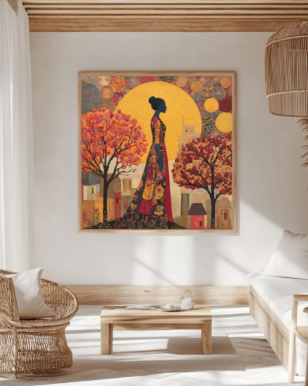 Autumn Goddess Wall Art Print | Afrocentric Woman Silhouette Under Golden Sun, Fall Trees & Warm Earth Tones, Modern Abstract