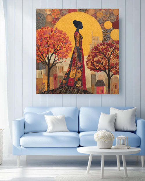 Autumn Goddess Wall Art Print | Afrocentric Woman Silhouette Under Golden Sun, Fall Trees & Warm Earth Tones, Modern Abstract