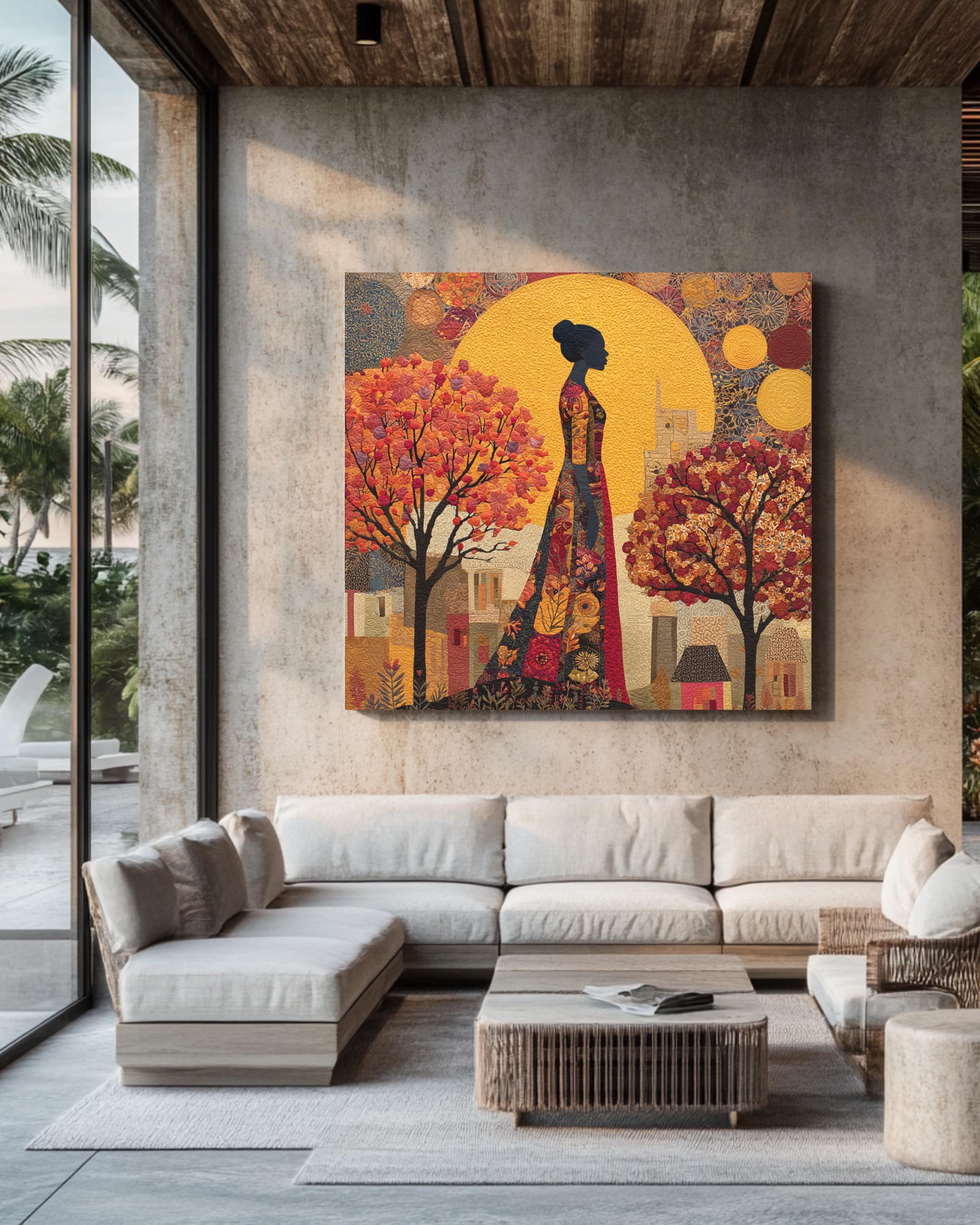 Autumn Goddess Wall Art Print | Afrocentric Woman Silhouette Under Golden Sun, Fall Trees & Warm Earth Tones, Modern Abstract