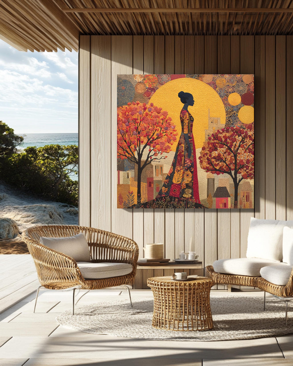 Autumn Goddess Wall Art Print | Afrocentric Woman Silhouette Under Golden Sun, Fall Trees & Warm Earth Tones, Modern Abstract