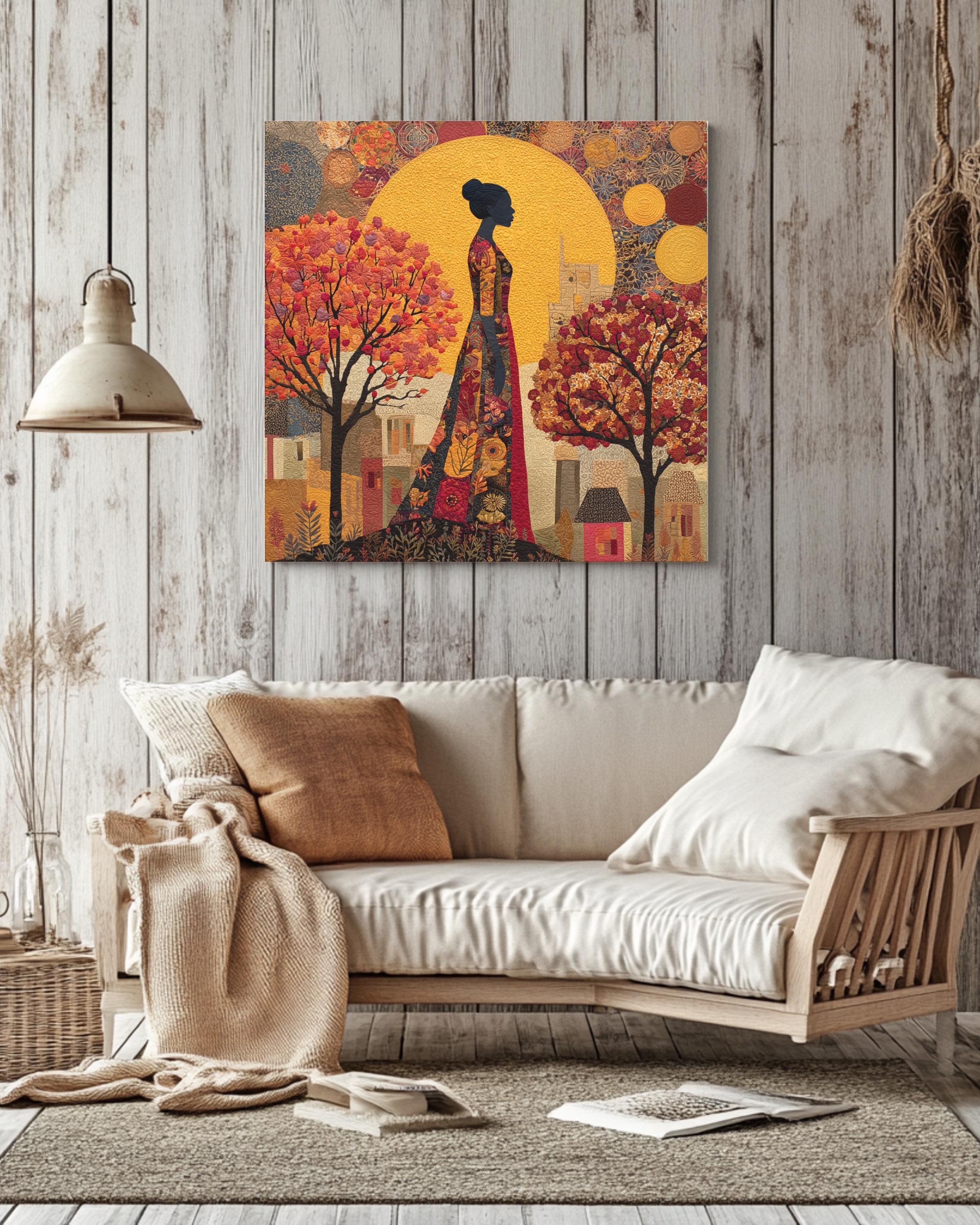 Autumn Goddess Wall Art Print | Afrocentric Woman Silhouette Under Golden Sun, Fall Trees & Warm Earth Tones, Modern Abstract