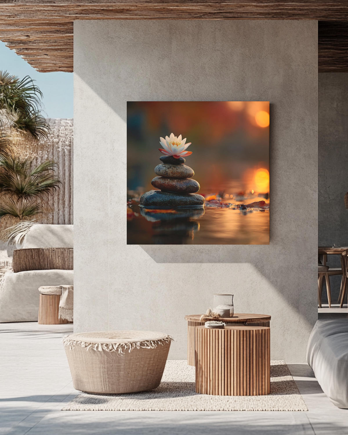 Zen Lotus Flower and Balancing Stones Wall Art | Tranquil Sunset Reflection Meditation Poster, Calm Water Canvas, Spiritual Nature Decor