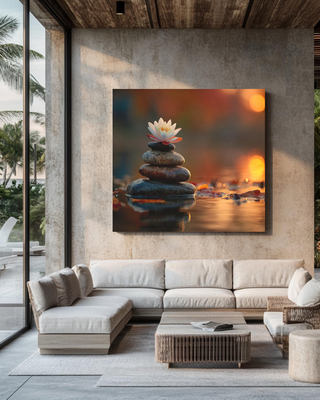 Zen Lotus Flower and Balancing Stones Wall Art | Tranquil Sunset Reflection Meditation Poster, Calm Water Canvas, Spiritual Nature Decor