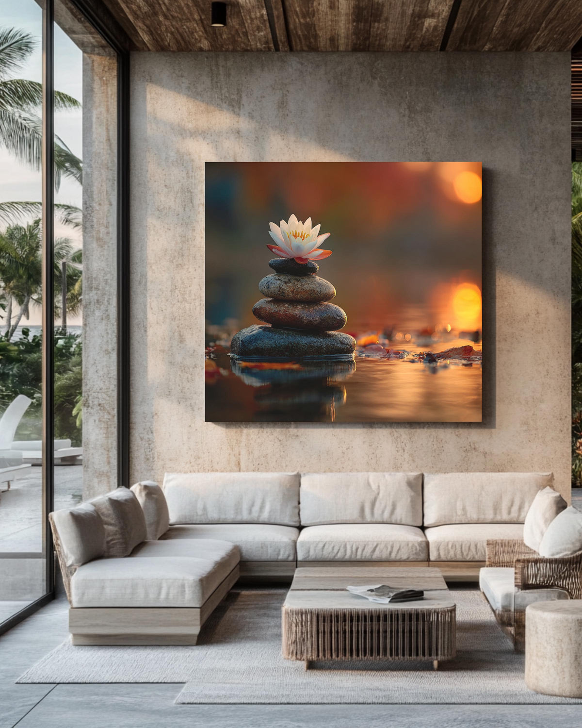 Zen Lotus Flower and Balancing Stones Wall Art | Tranquil Sunset Reflection Meditation Poster, Calm Water Canvas, Spiritual Nature Decor