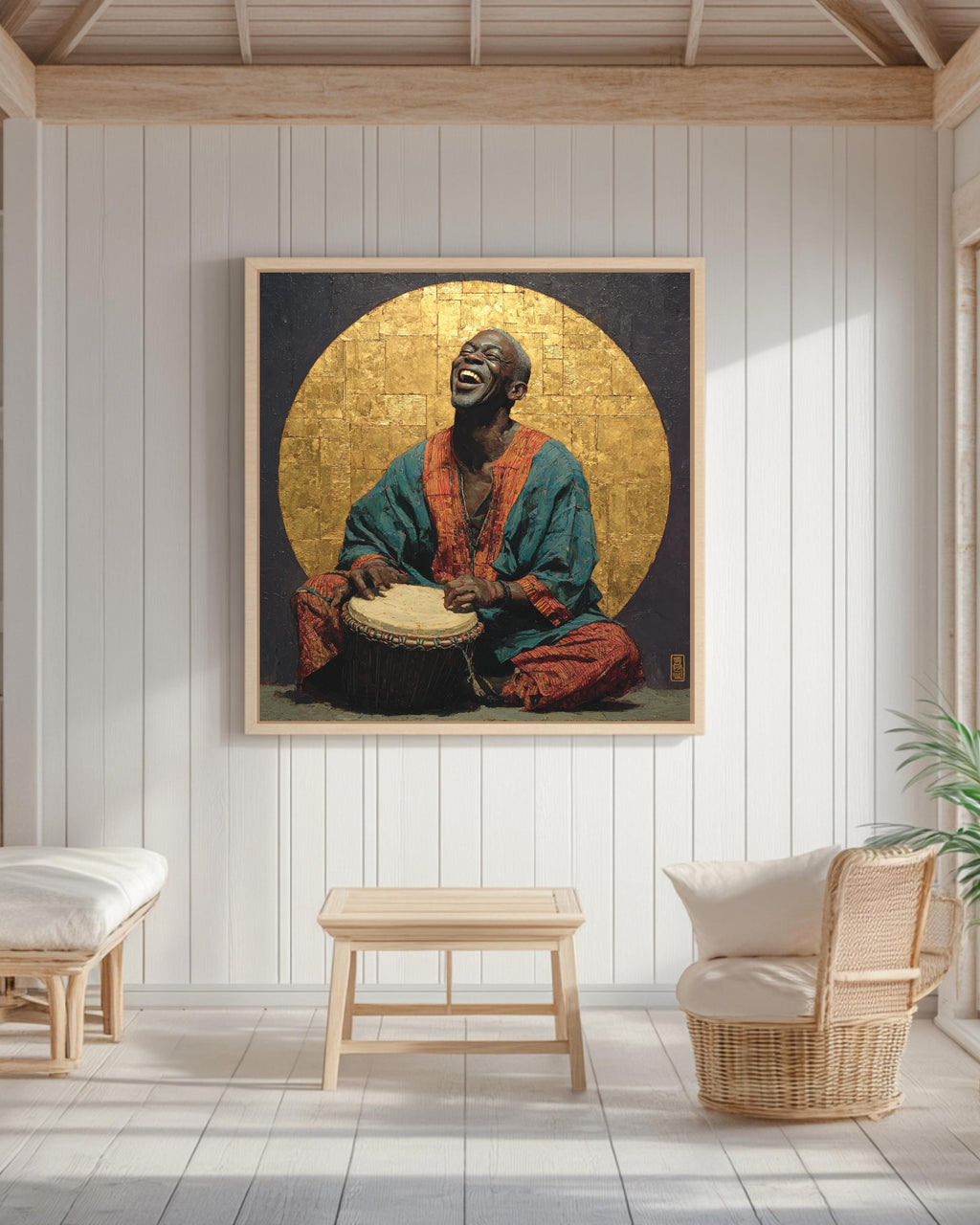 Joyful Drummer Wall Art | African Music Inspired Portrait Painting, Spiritual Poster, Cultural Canvas, Artistic Gift for Music Lovers