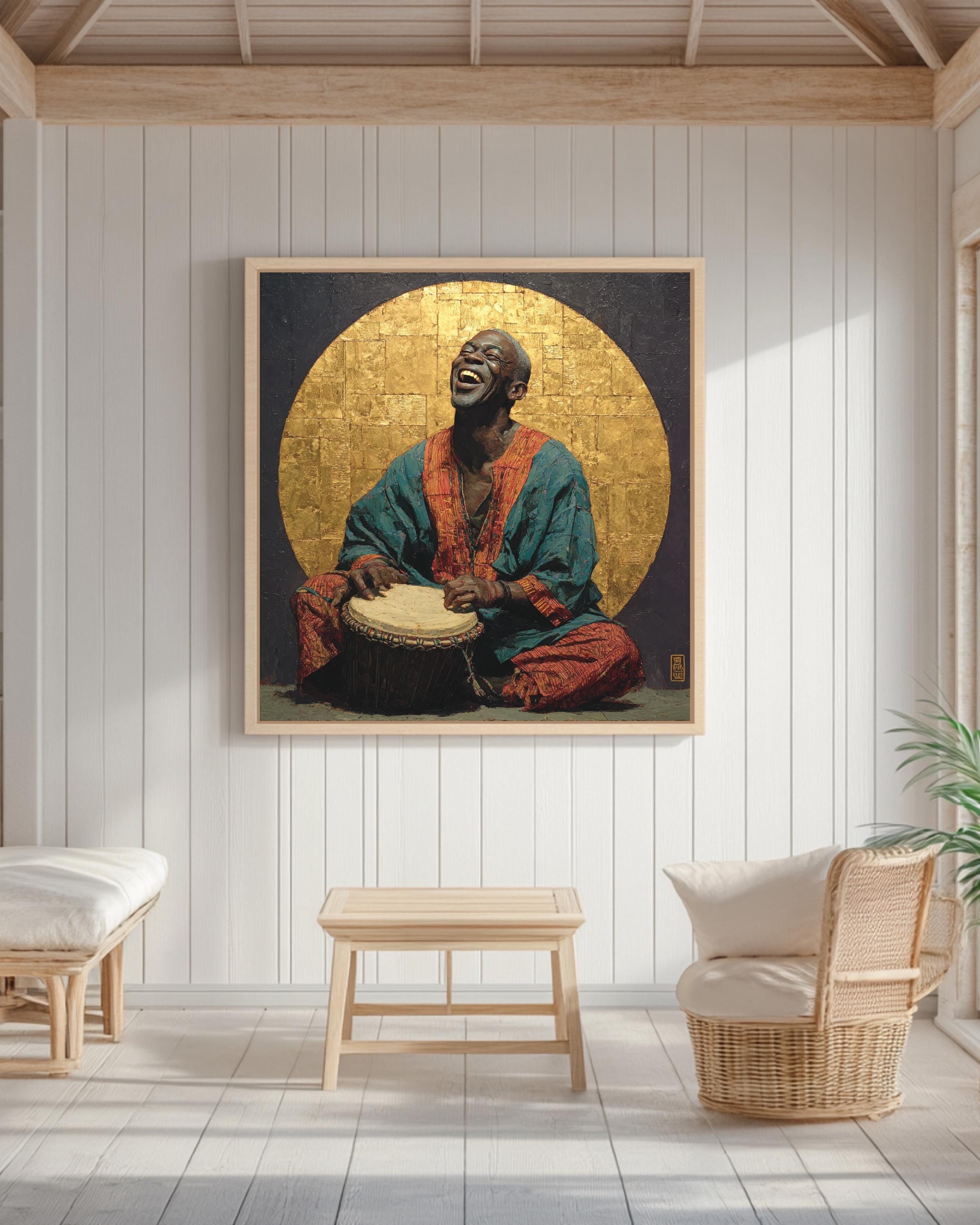 Joyful Drummer Wall Art | African Music Inspired Portrait Painting, Spiritual Poster, Cultural Canvas, Artistic Gift for Music Lovers