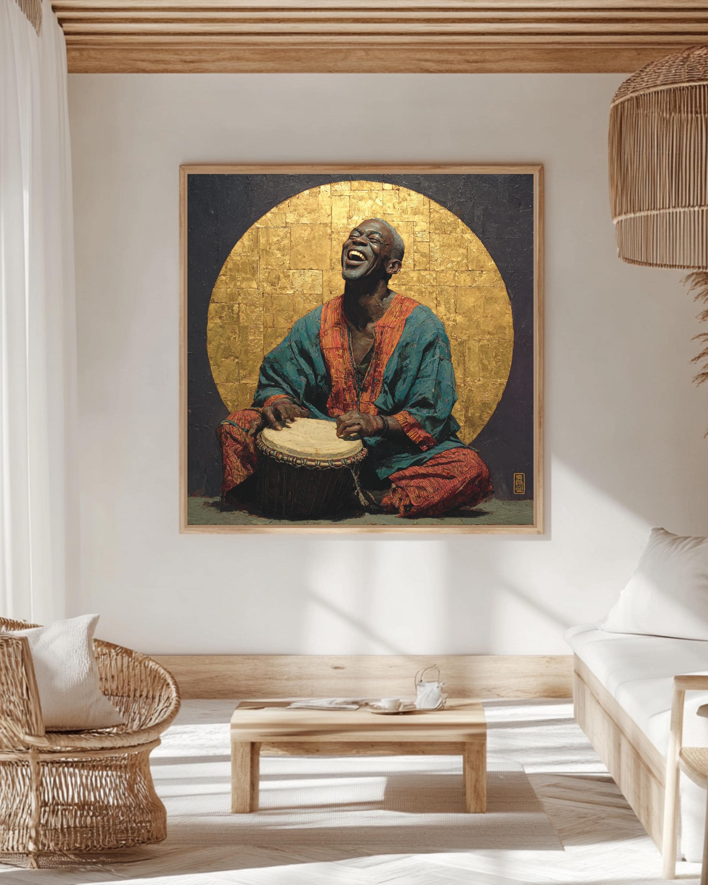 Joyful Drummer Wall Art | African Music Inspired Portrait Painting, Spiritual Poster, Cultural Canvas, Artistic Gift for Music Lovers
