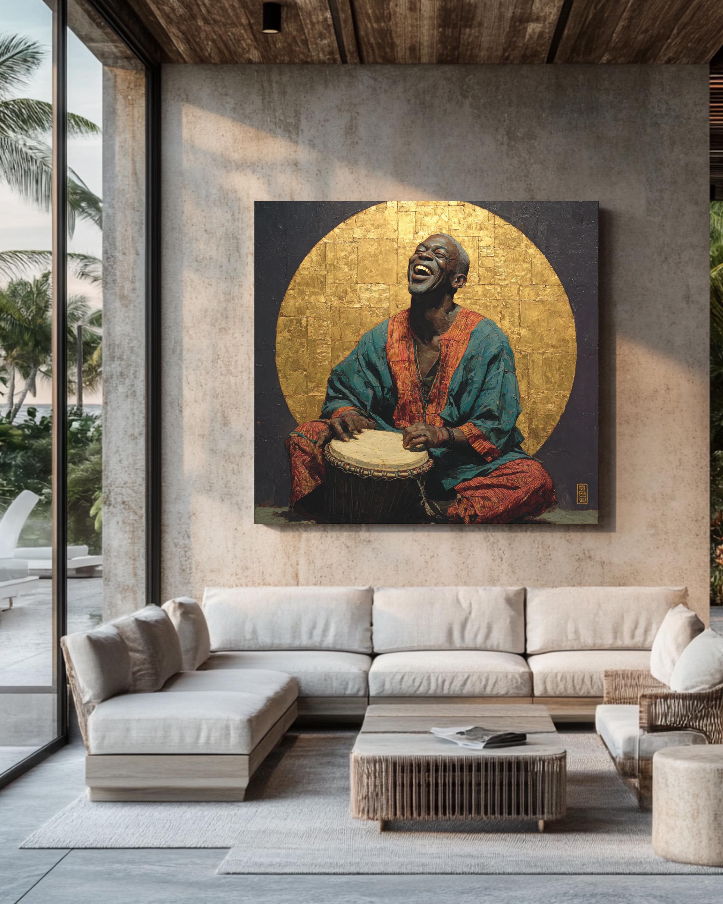 Joyful Drummer Wall Art | African Music Inspired Portrait Painting, Spiritual Poster, Cultural Canvas, Artistic Gift for Music Lovers