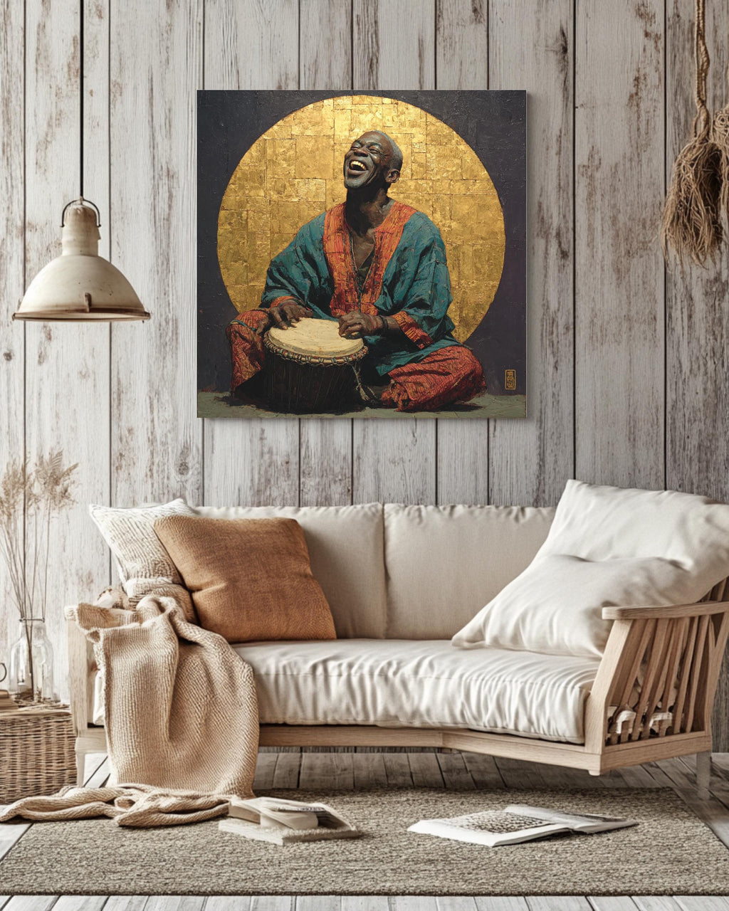 Joyful Drummer Wall Art | African Music Inspired Portrait Painting, Spiritual Poster, Cultural Canvas, Artistic Gift for Music Lovers