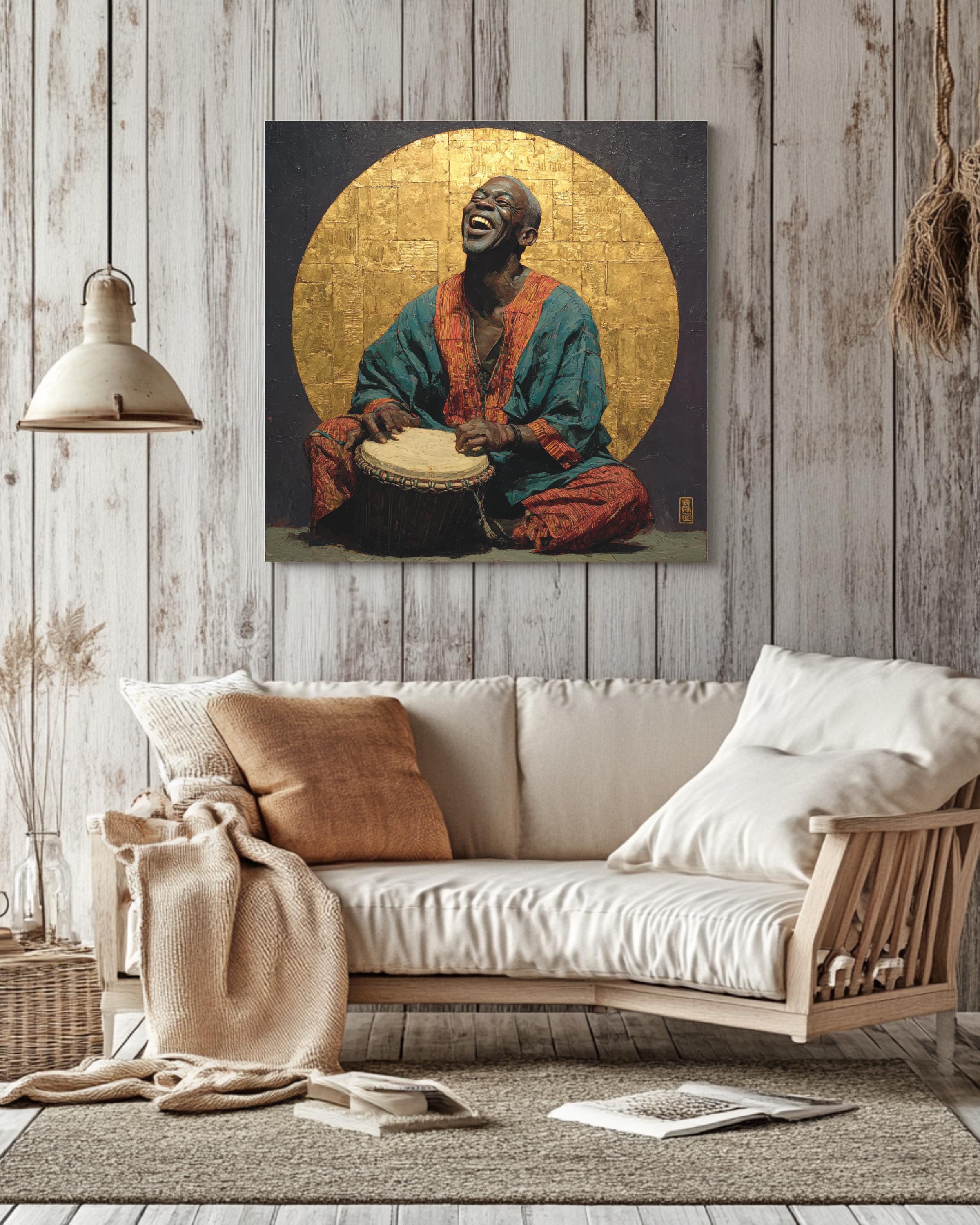 Joyful Drummer Wall Art | African Music Inspired Portrait Painting, Spiritual Poster, Cultural Canvas, Artistic Gift for Music Lovers