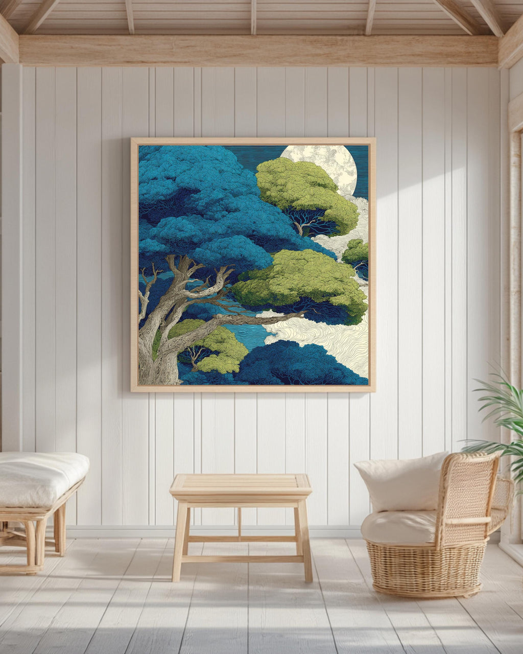 Mystical Moonlit Forest Wall Art | Japanese Inspired Tree Poster, Tranquil Nature Canvas, Blue and Green Night Sky, Serene Botanical