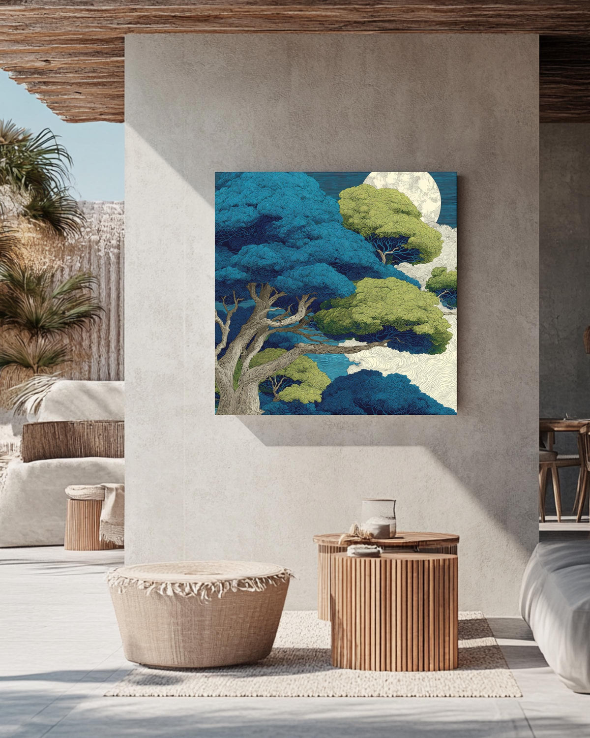 Mystical Moonlit Forest Wall Art | Japanese Inspired Tree Poster, Tranquil Nature Canvas, Blue and Green Night Sky, Serene Botanical