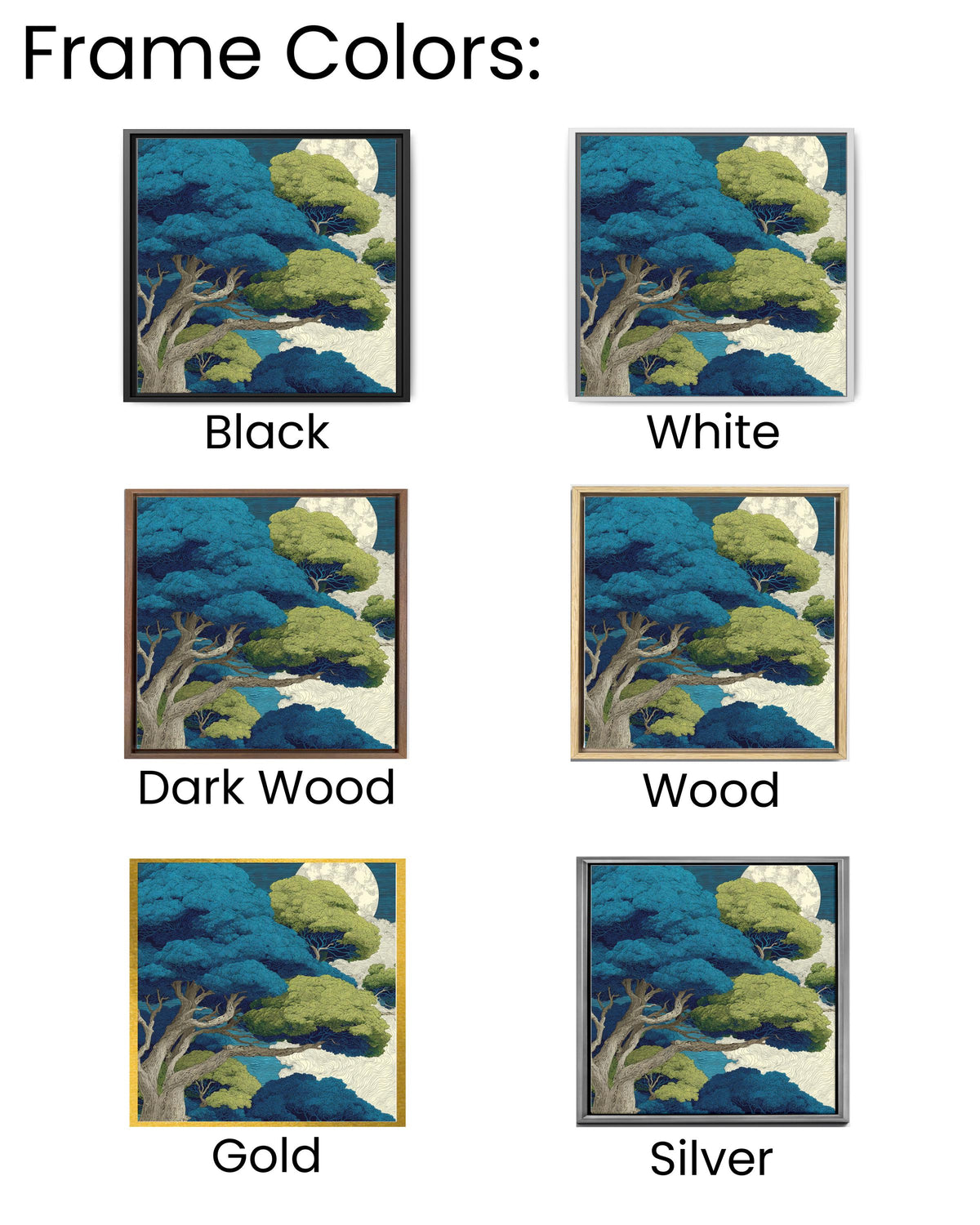 Mystical Moonlit Forest Wall Art | Japanese Inspired Tree Poster, Tranquil Nature Canvas, Blue and Green Night Sky, Serene Botanical