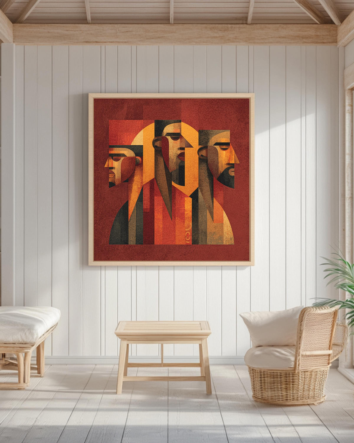Cubist Abstract Faces Wall Art | Geometric Portrait Painting in Red, Orange & Brown Tones | Modern Minimalist Poster, Canvas
