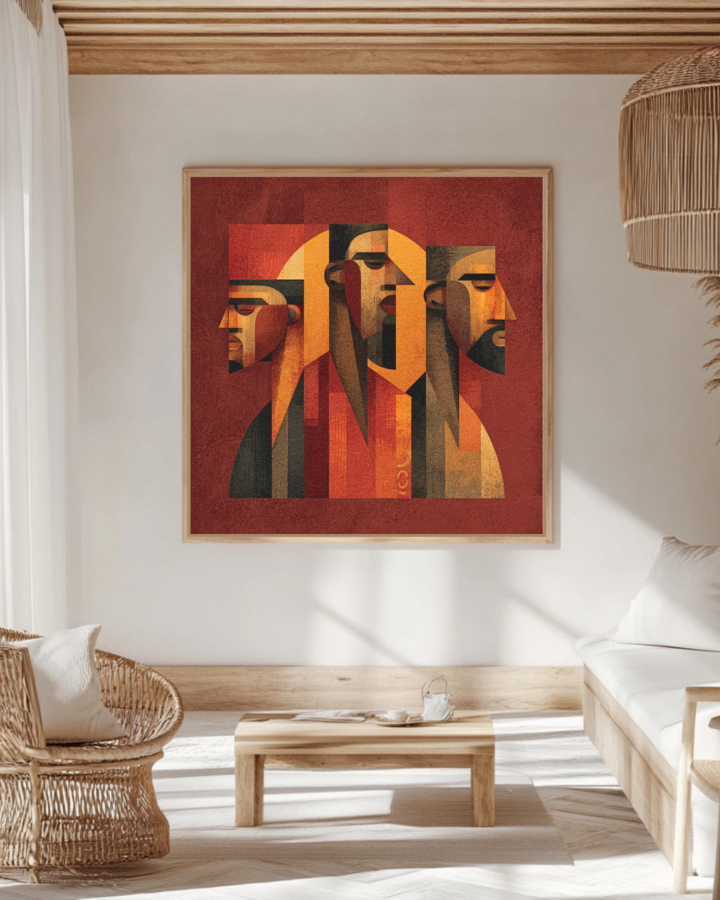 Cubist Abstract Faces Wall Art | Geometric Portrait Painting in Red, Orange & Brown Tones | Modern Minimalist Poster, Canvas
