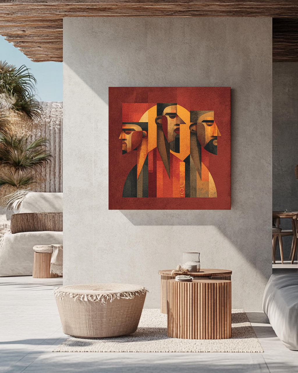 Cubist Abstract Faces Wall Art | Geometric Portrait Painting in Red, Orange & Brown Tones | Modern Minimalist Poster, Canvas
