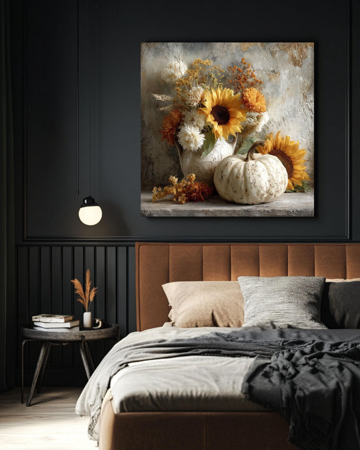 Rustic Autumn Still Life Canvas Print, White Pumpkin, Sunflower, Fall Decor