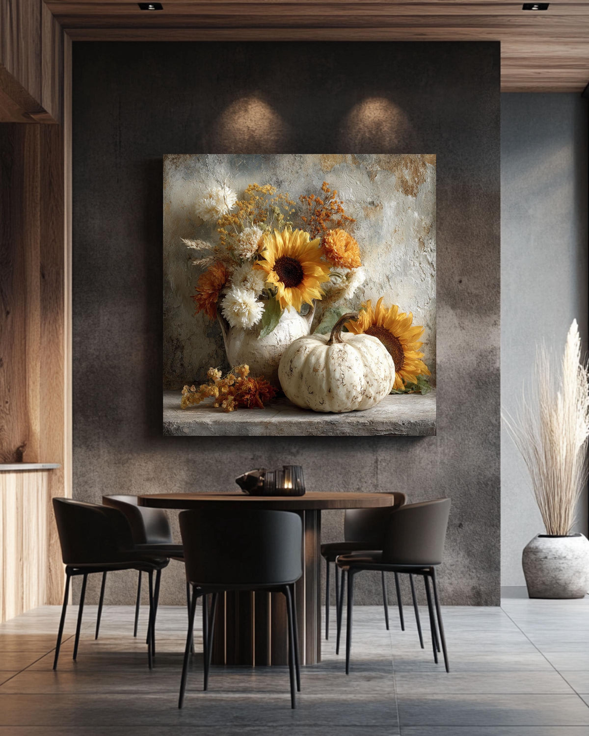 Rustic Autumn Still Life Canvas Print, White Pumpkin, Sunflower, Fall Decor