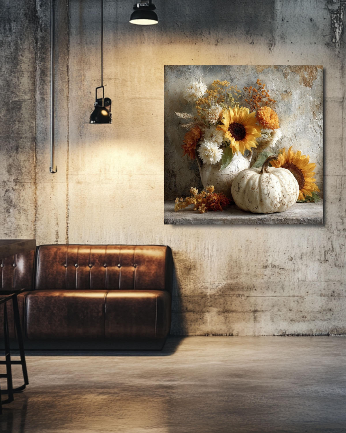 Rustic Autumn Still Life Canvas Print, White Pumpkin, Sunflower, Fall Decor
