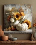 Rustic Autumn Still Life Canvas Print, White Pumpkin, Sunflower, Fall Decor