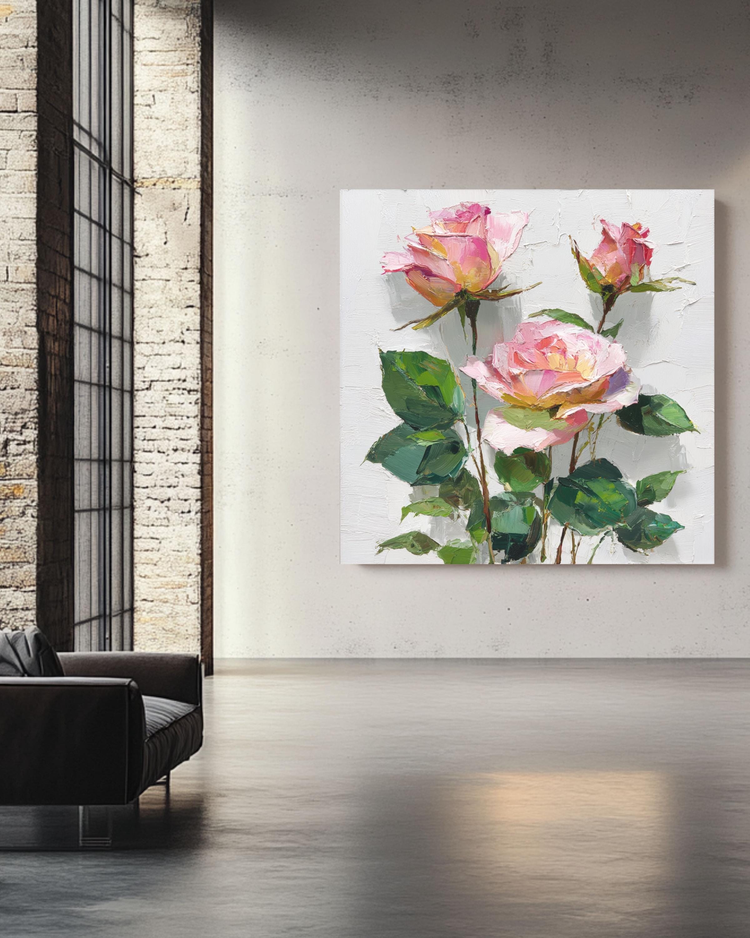 Textured Pink Rose Impasto Oil Painting