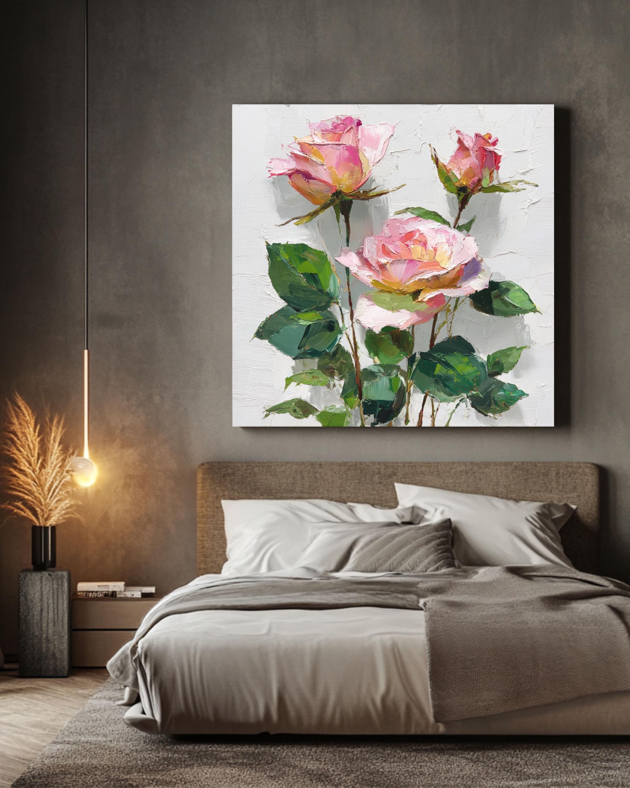 Textured Pink Rose Impasto Oil Painting