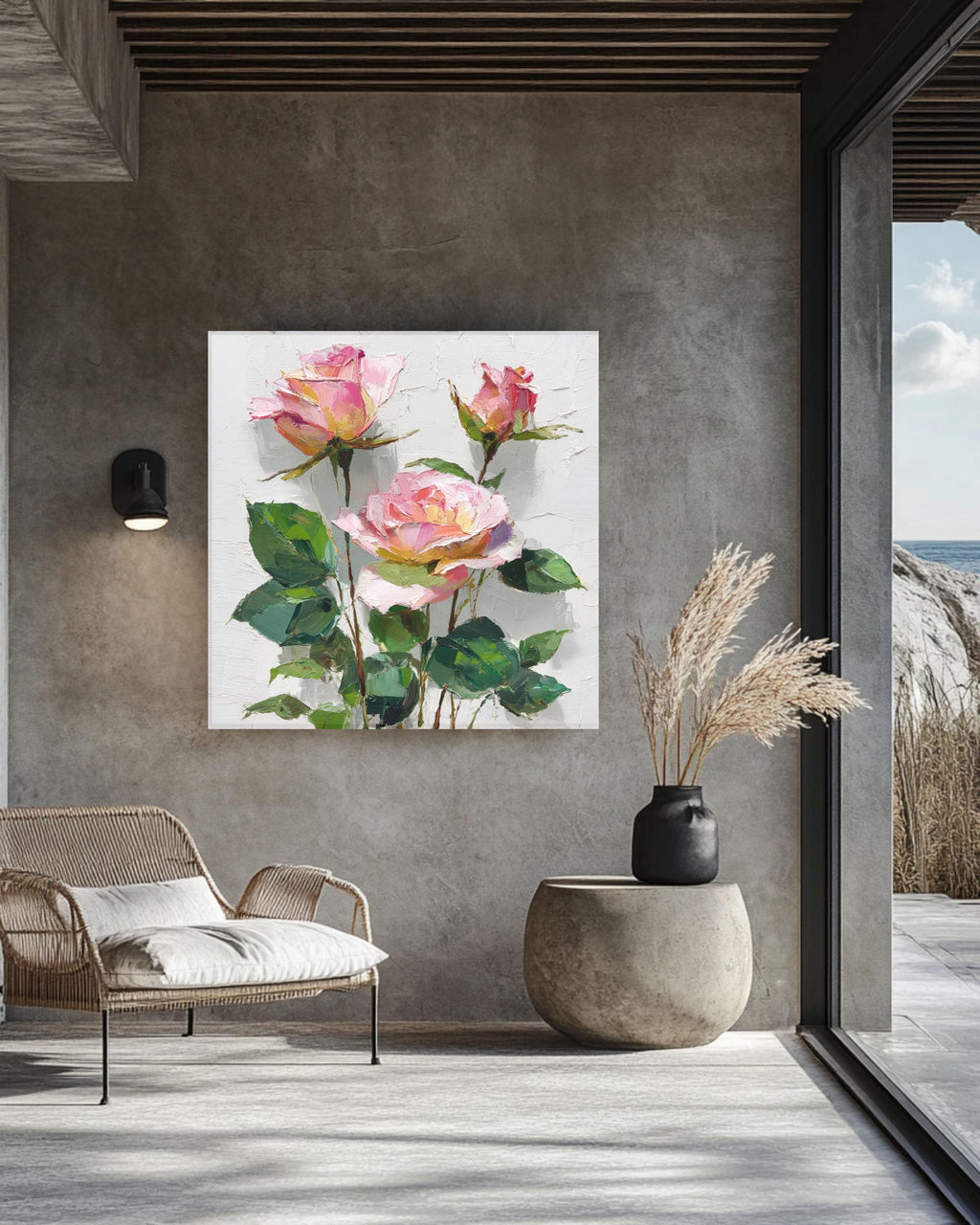 Textured Pink Rose Impasto Oil Painting