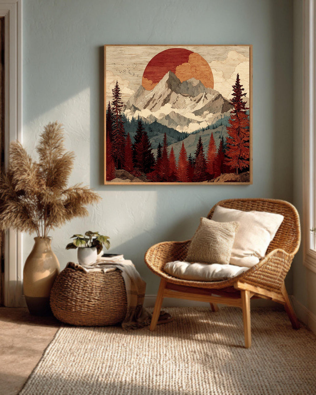 Woodcut Mountain Sunset Print, Rustic Mid-Century Modern Wall Art