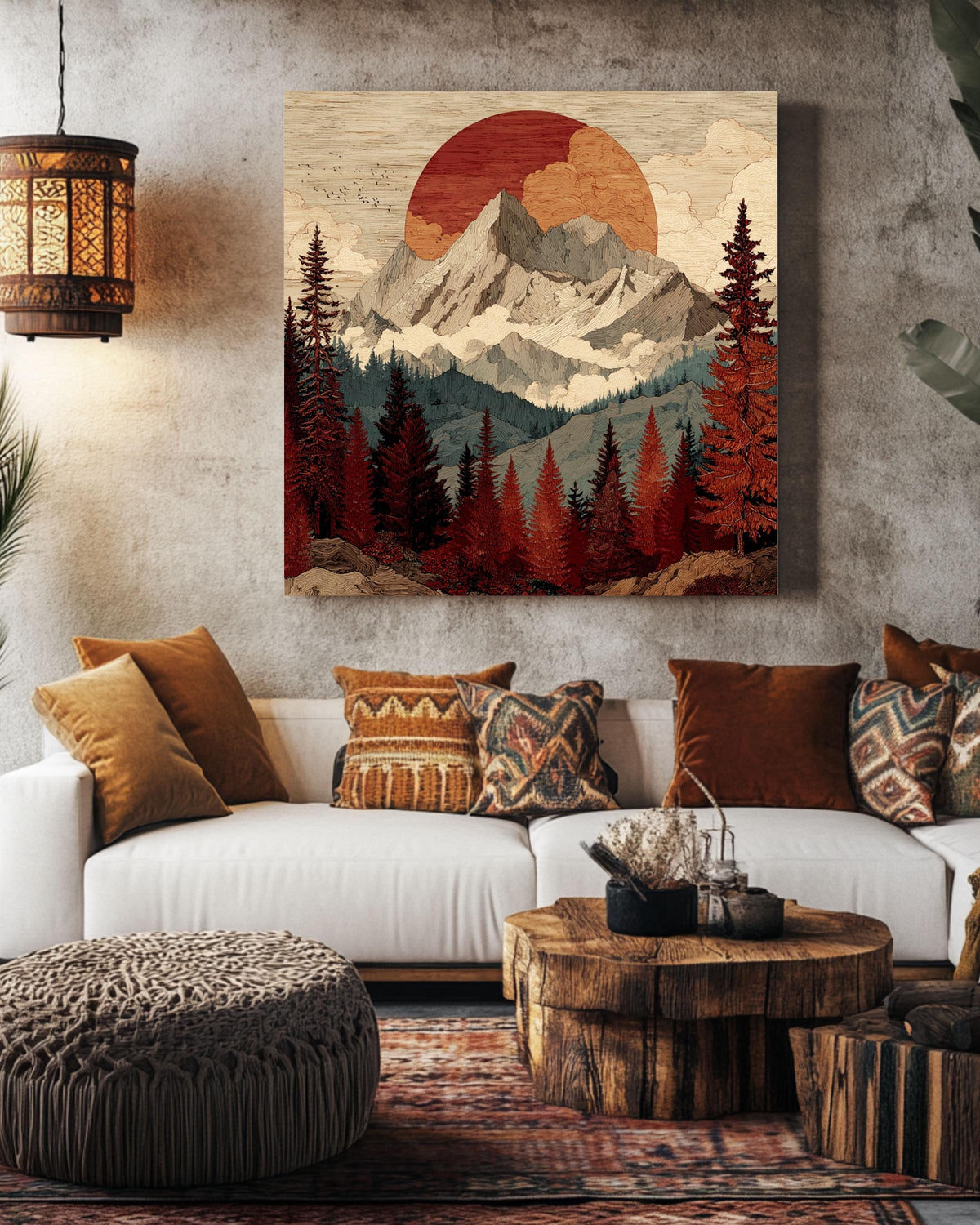 Woodcut Mountain Sunset Print, Rustic Mid-Century Modern Wall Art