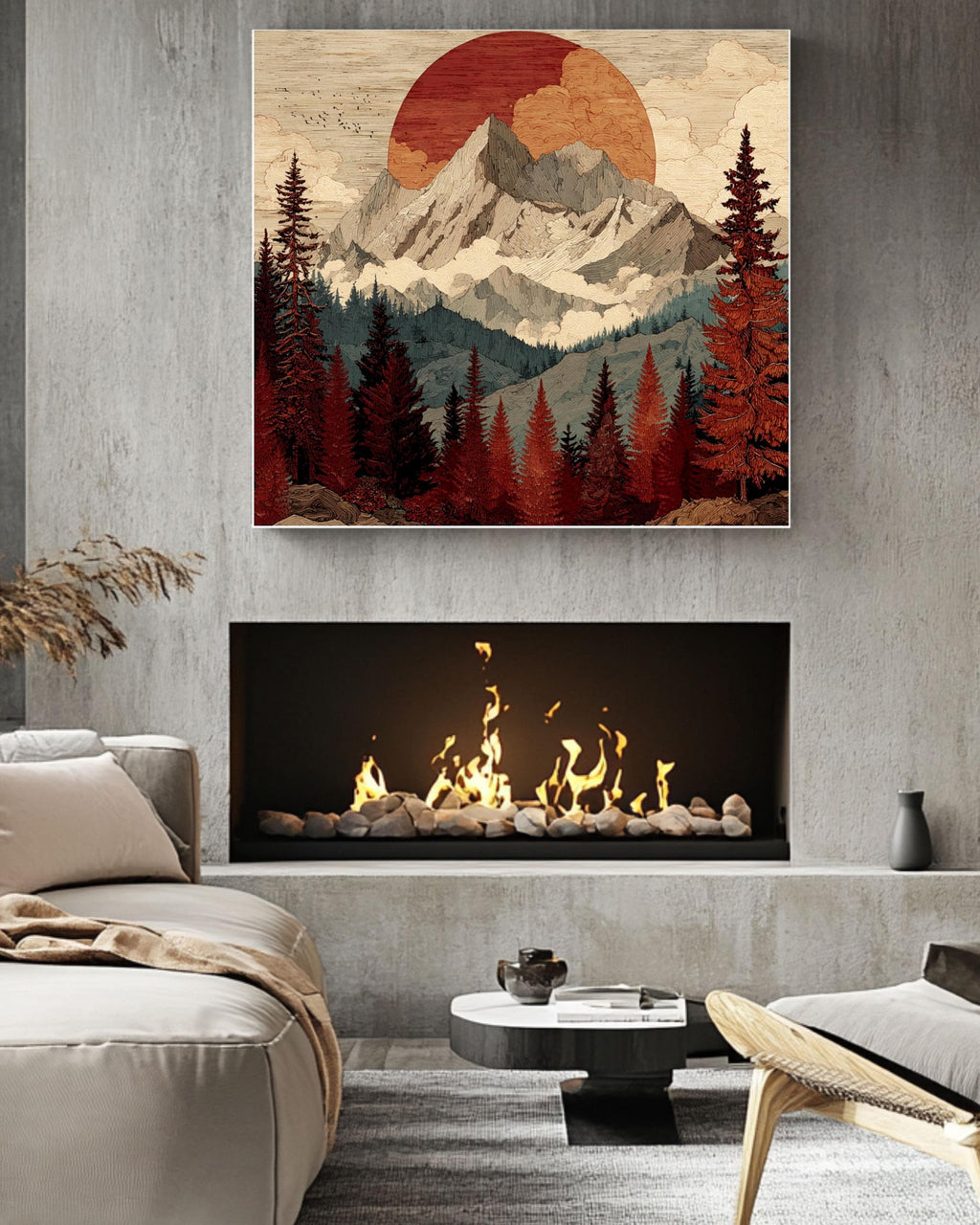 Woodcut Mountain Sunset Print, Rustic Mid-Century Modern Wall Art