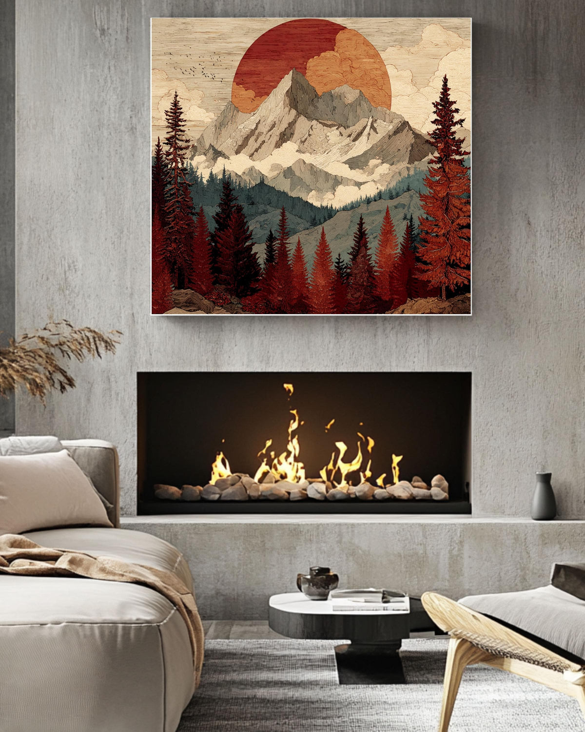 Woodcut Mountain Sunset Print, Rustic Mid-Century Modern Wall Art