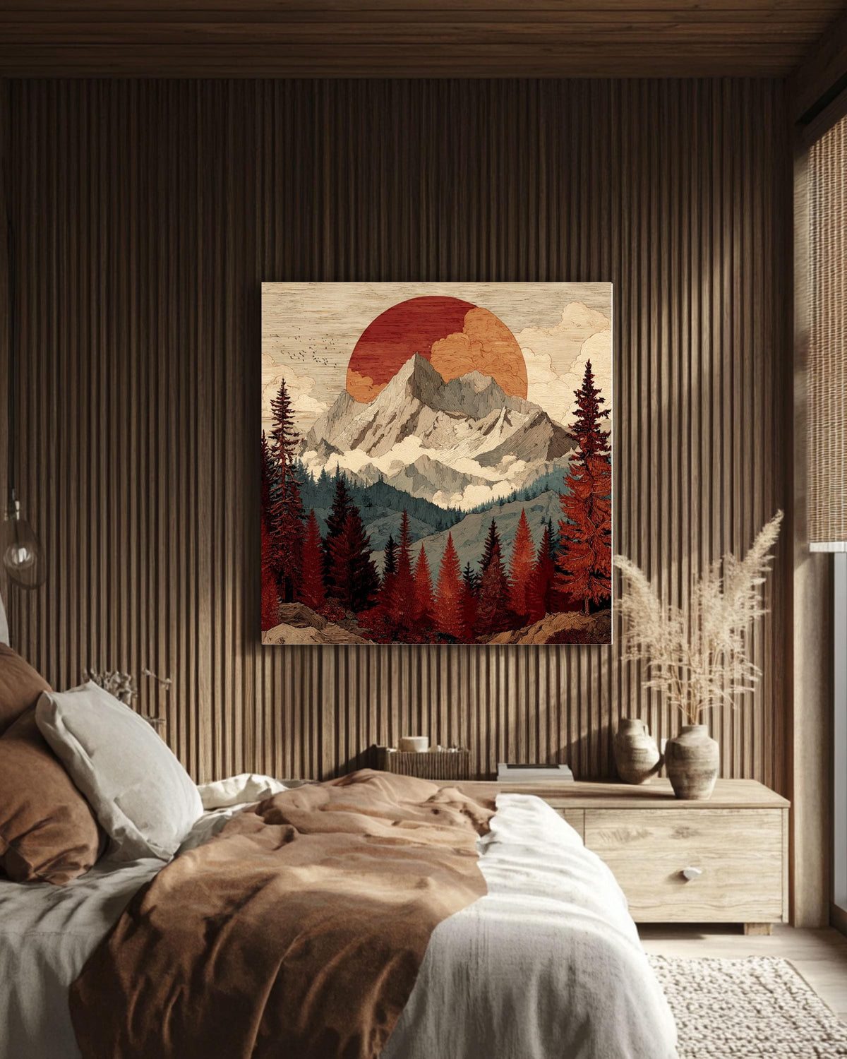 Woodcut Mountain Sunset Print, Rustic Mid-Century Modern Wall Art