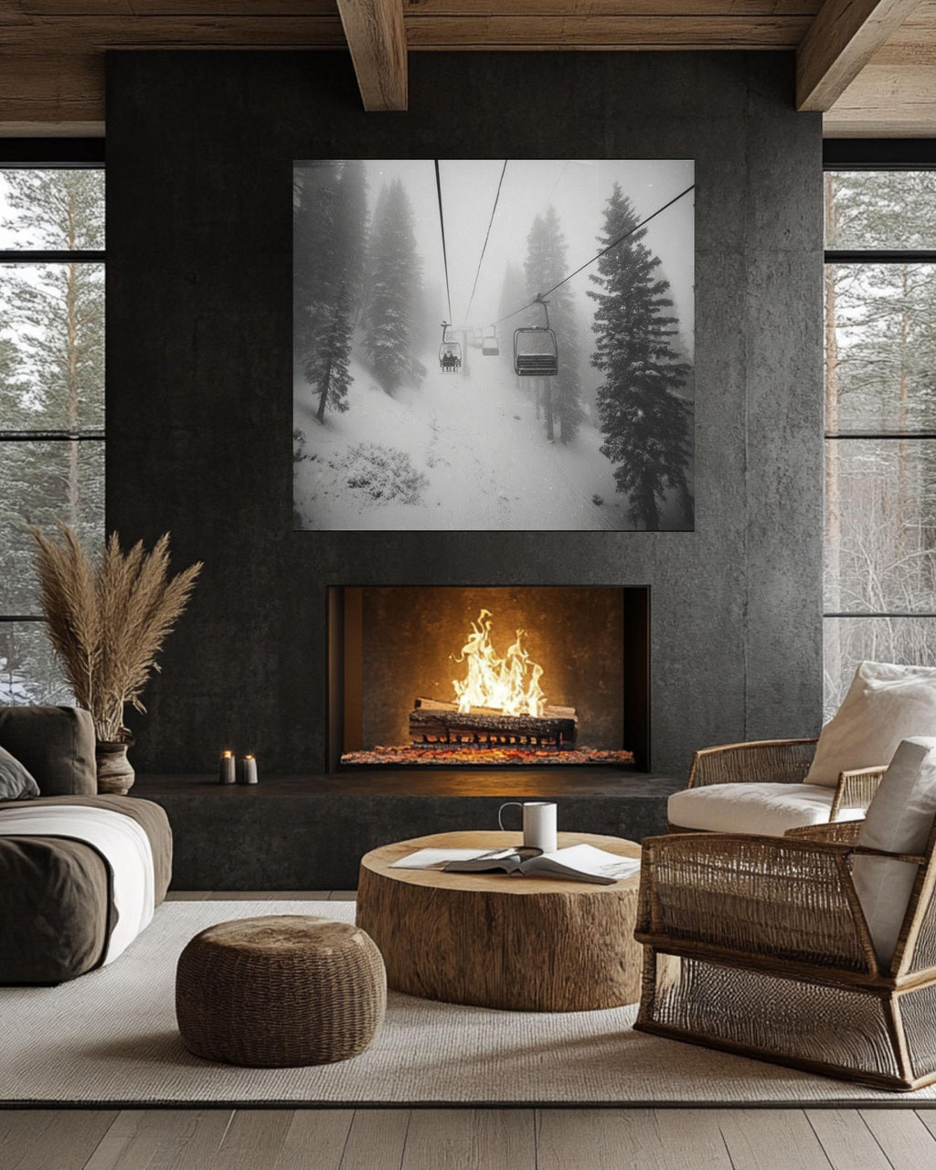 Black and White Ski Chairlift Canvas Print, Snowy Mountain Dark Academia Decor